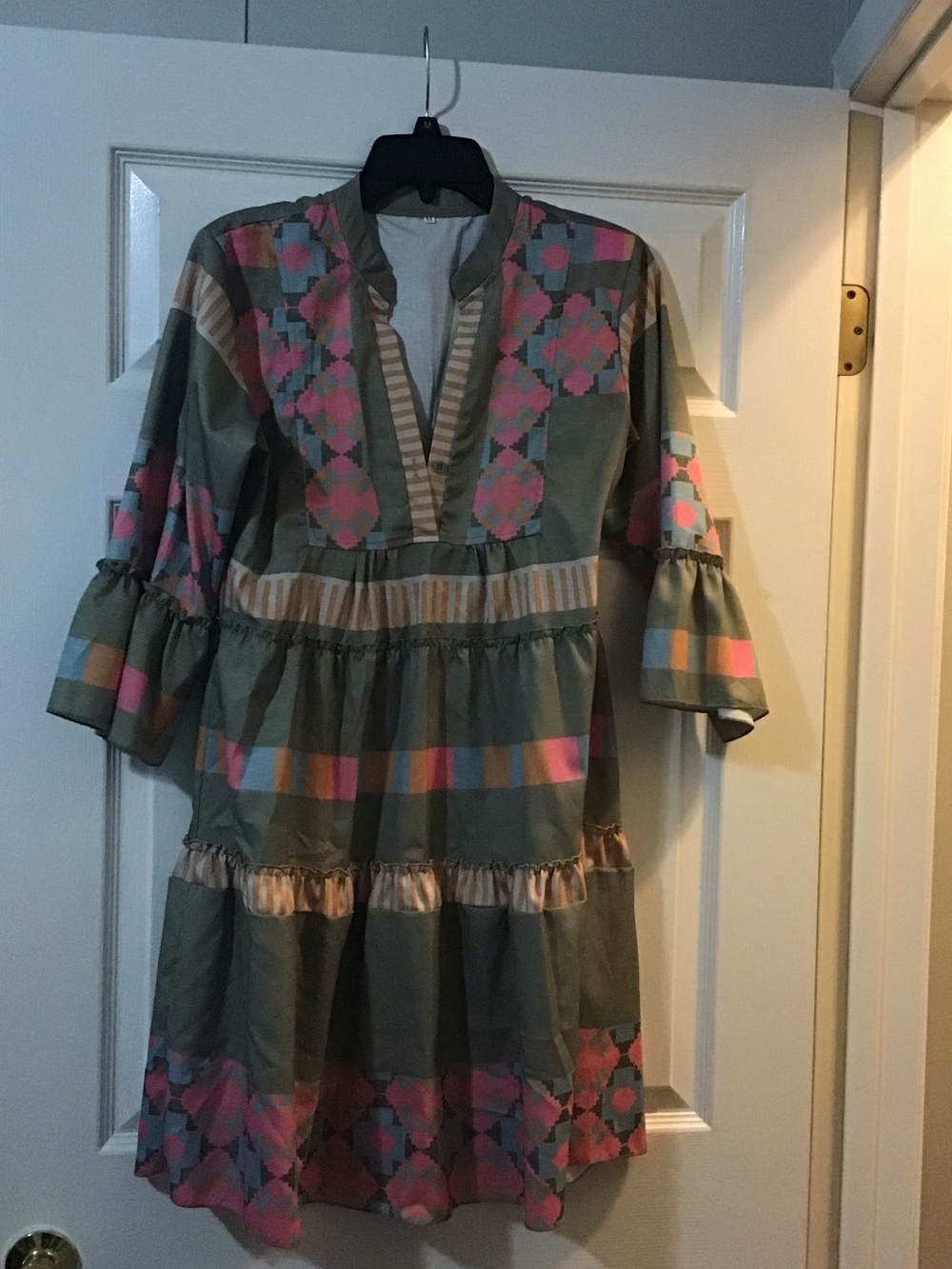Ladies Olive Green & Pink Tiered Embroidered Dress
